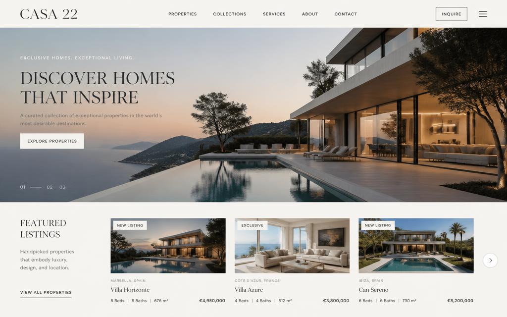 Anteprima del concept CASA 22: sito immobiliare premium con fotografia di una villa contemporanea