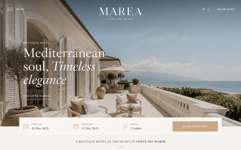 Anteprima del concept MAREA: sito di un boutique hotel a Forte dei Marmi con fotografia di una villa mediterranea