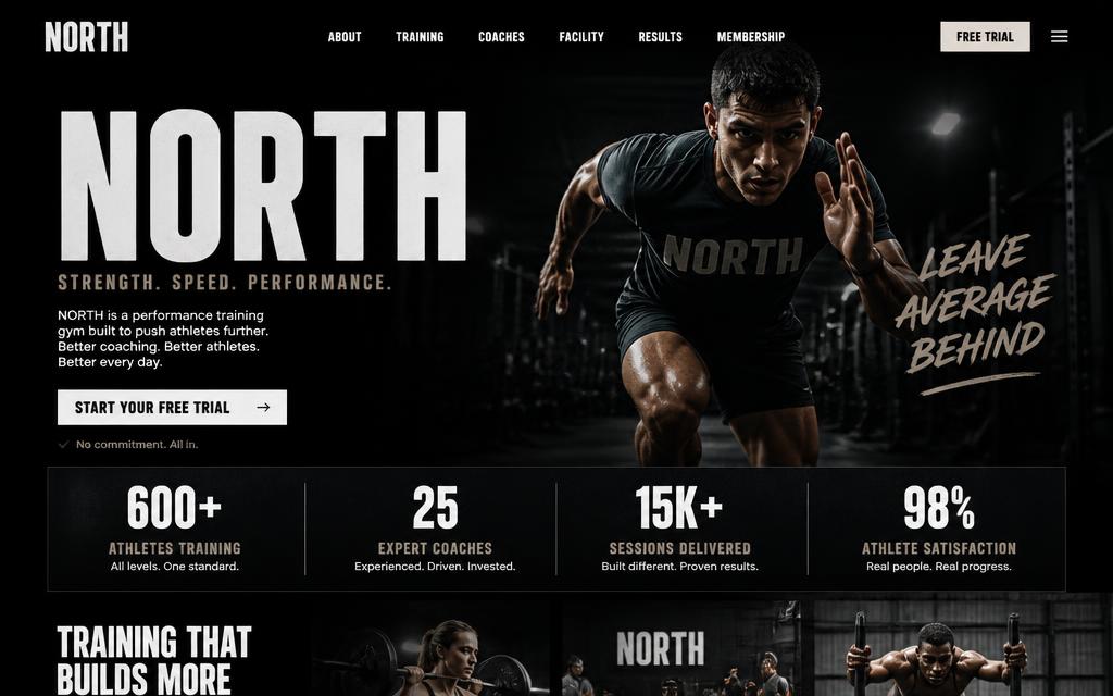 Anteprima del concept NORTH: sito di un performance club su fondo scuro con tipografia bold