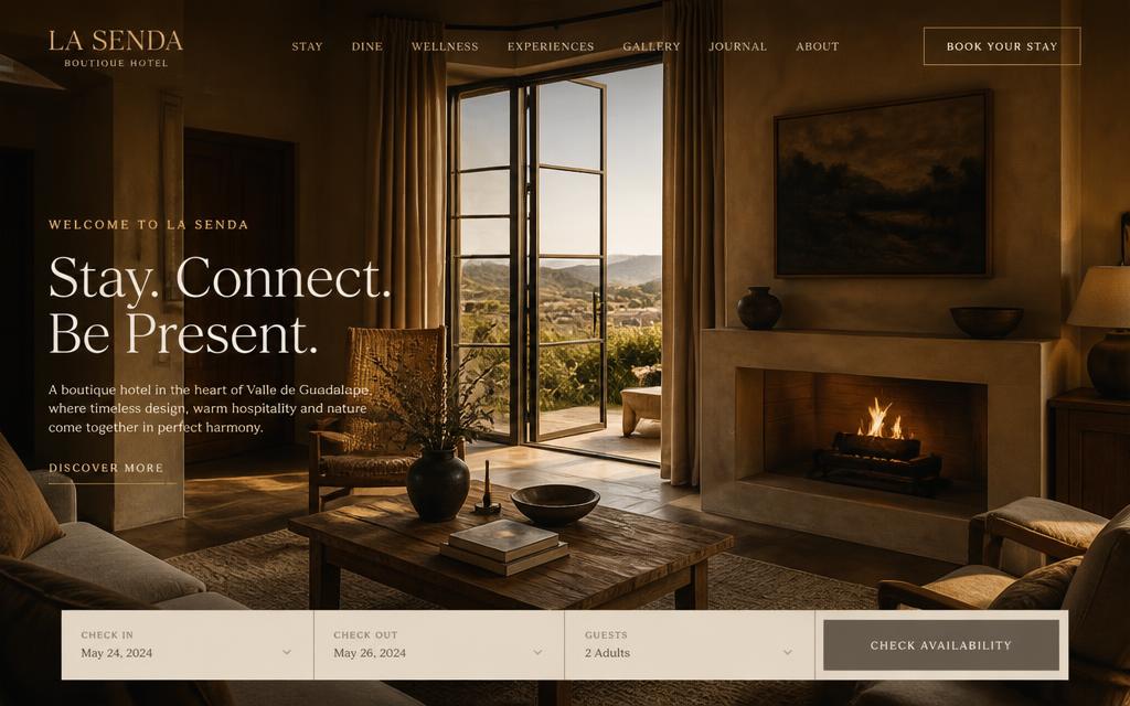 Anteprima di un sito in stile Elegant: boutique hotel con fotografia calda e tipografia raffinata