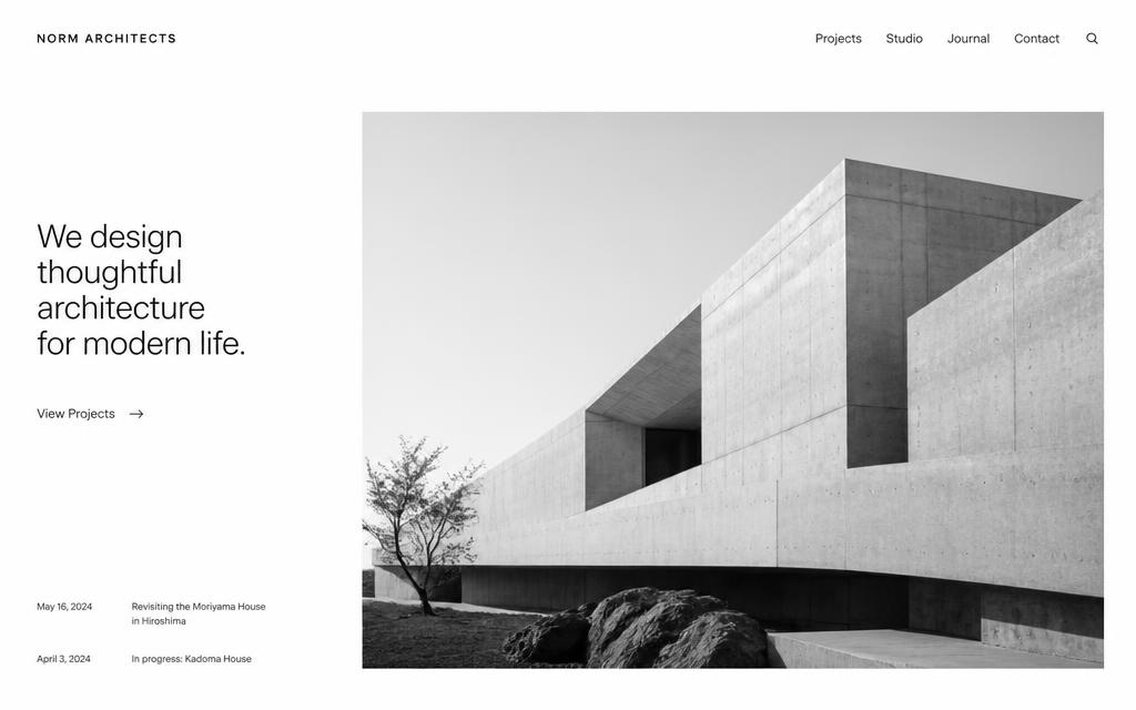 Anteprima di un sito in stile Minimal: studio di architettura con grande fotografia e molto spazio bianco